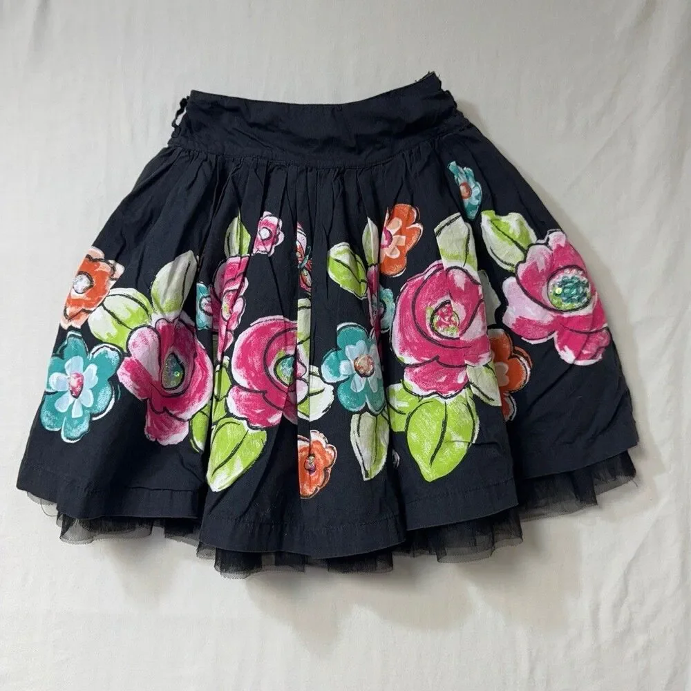 Children Place Floral Skirt Girl 6-7 Black Tulle Skater Pleats Adjustable Summer